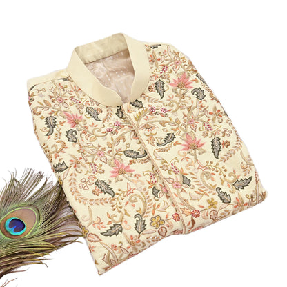 Indian Pre-owned Raw silk Hand Embroidered Mens Floral Brocade Nehru Jacket / Ethnic Waistcoat