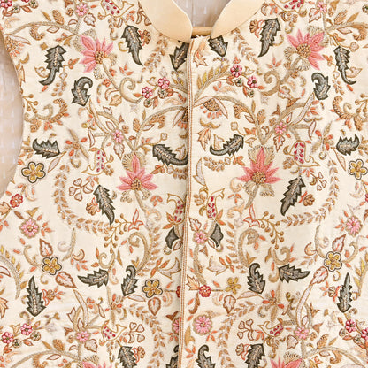 Indian Pre-owned Raw silk Hand Embroidered Mens Floral Brocade Nehru Jacket / Ethnic Waistcoat
