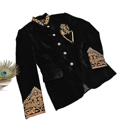 Indian Black Velvet Bandhgala Coat for Men, Royal Embroidered Wedding Sherwani Jacket, Designer Evening Blazer Pre-Owned