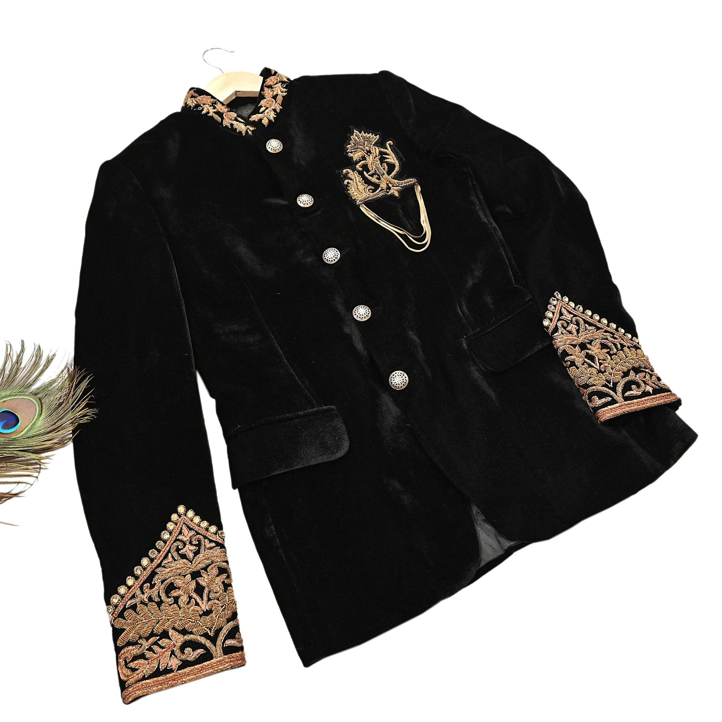 Indian Black Velvet Bandhgala Coat for Men, Royal Embroidered Wedding Sherwani Jacket, Designer Evening Blazer Pre-Owned