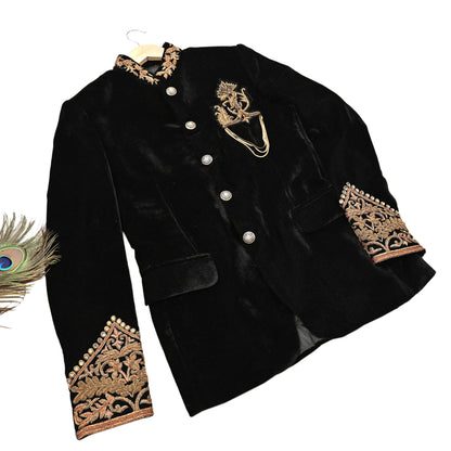 Indian Black Velvet Bandhgala Coat for Men, Royal Embroidered Wedding Sherwani Jacket, Designer Evening Blazer Pre-Owned