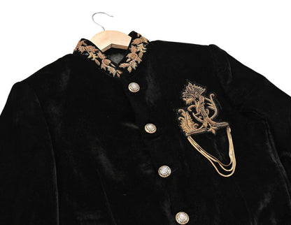 Indian Black Velvet Bandhgala Coat for Men, Royal Embroidered Wedding Sherwani Jacket, Designer Evening Blazer Pre-Owned