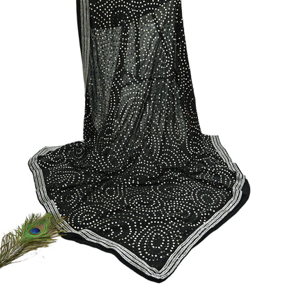 Indian Vintage Heavy Black Dupatta Pure Georgette silk Long Stole Hand Embroidered Mukesh Stole Scarf Scarves Veil