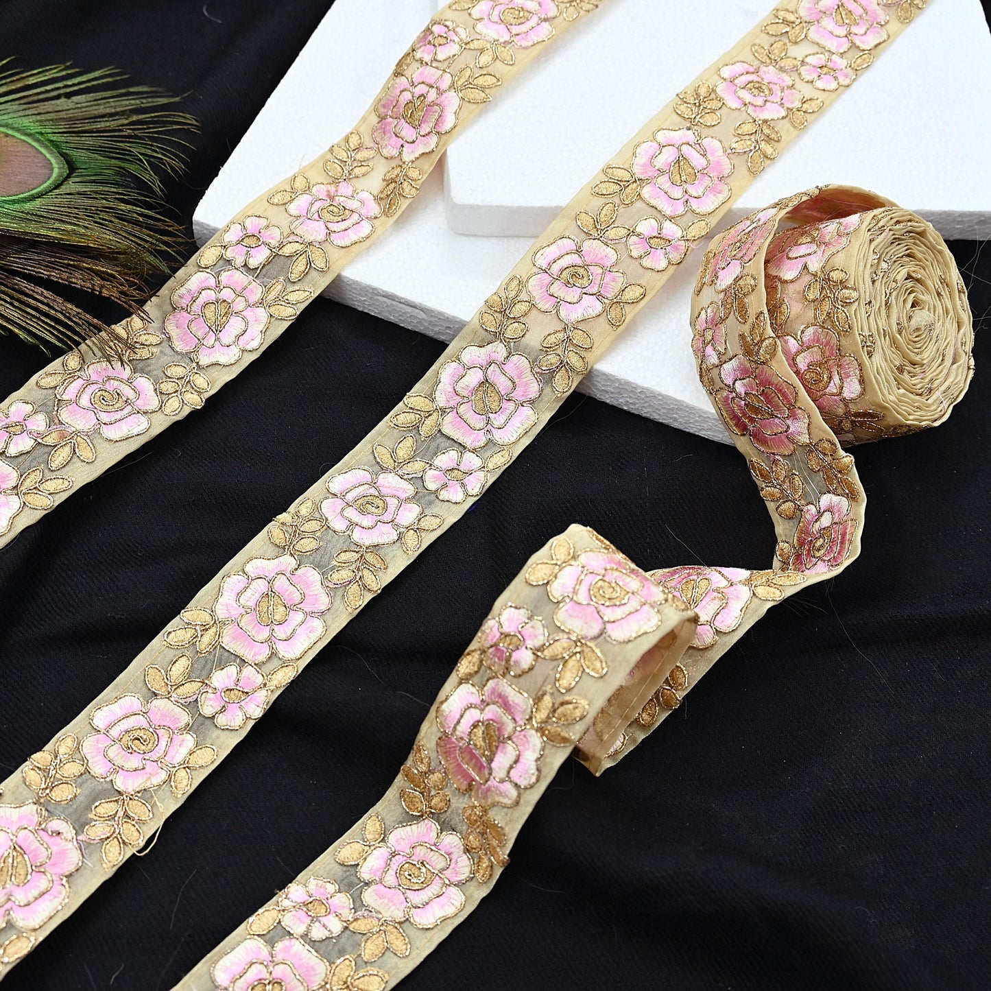 Indian New Organza Beige Border 7Yd Embroidered Lace Trim Sewing Craft Ribbon Dress Decor