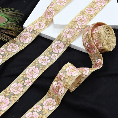 Indian New Organza Beige Border 7Yd Embroidered Lace Trim Sewing Craft Ribbon Dress Decor