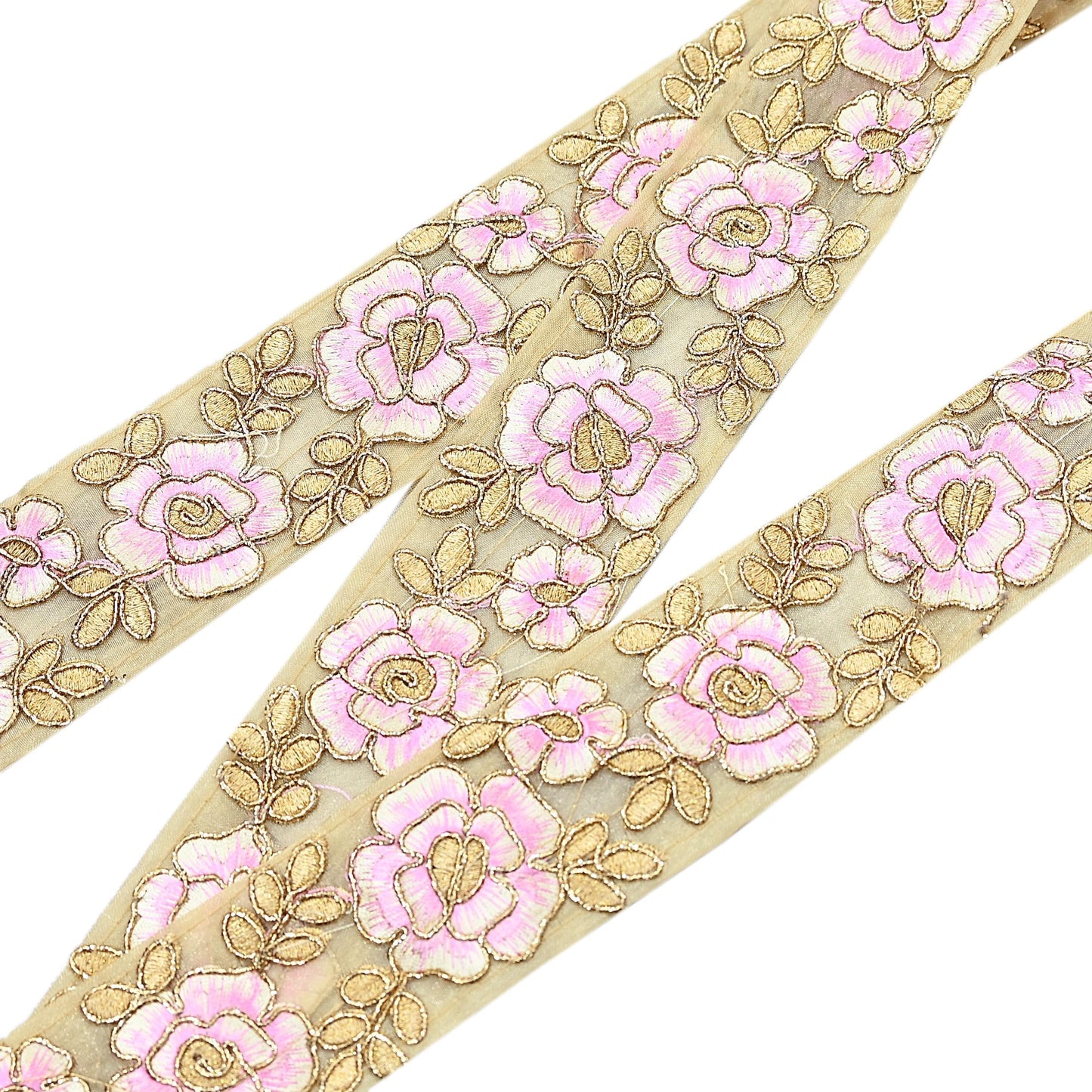 Indian New Organza Beige Border 7Yd Embroidered Lace Trim Sewing Craft Ribbon Dress Decor