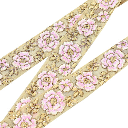 Indian New Organza Beige Border 7Yd Embroidered Lace Trim Sewing Craft Ribbon Dress Decor