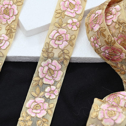 Indian New Organza Beige Border 7Yd Embroidered Lace Trim Sewing Craft Ribbon Dress Decor