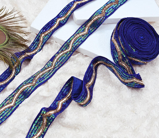 Indian Vintage Blue Sari Border 1Yd Hand Embroidered Sequins Lace Trim Sewing Craft Ribbon Dress Decor