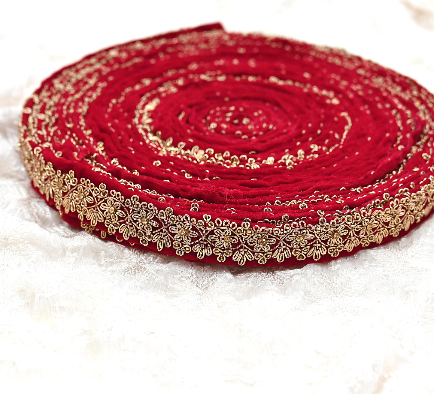 Indian Red Velvet Sari Border 1Yd Hand Embroidered Dabka Lace Trim Sewing Craft Ribbon Dress Decor