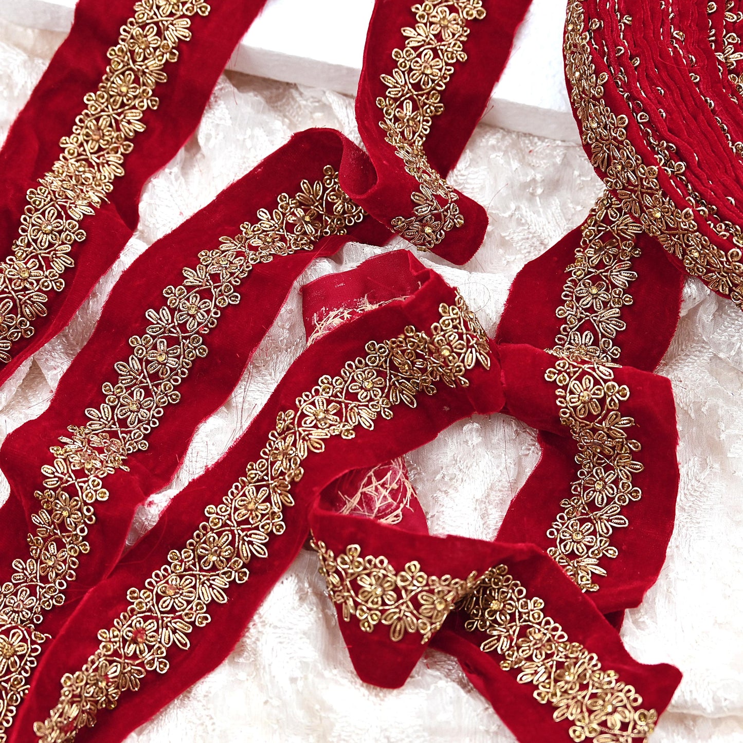 Indian Red Velvet Sari Border 1Yd Hand Embroidered Dabka Lace Trim Sewing Craft Ribbon Dress Decor