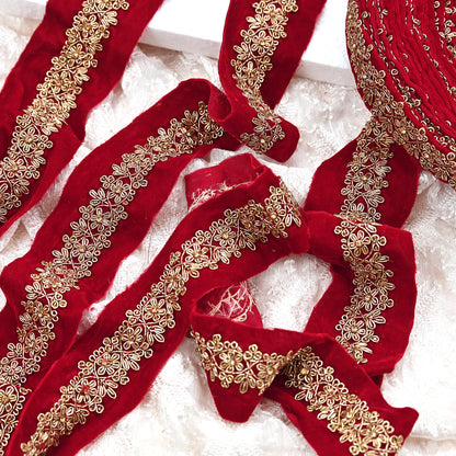 Indian Red Velvet Sari Border 1Yd Hand Embroidered Dabka Lace Trim Sewing Craft Ribbon Dress Decor