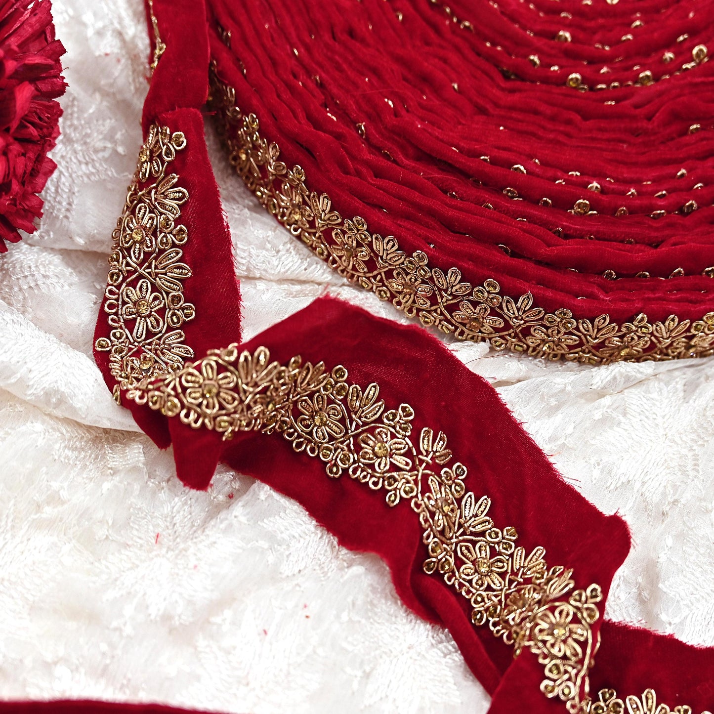 Indian Red Velvet Sari Border 1Yd Hand Embroidered Dabka Lace Trim Sewing Craft Ribbon Dress Decor