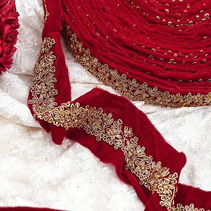 Indian Red Velvet Sari Border 1Yd Hand Embroidered Dabka Lace Trim Sewing Craft Ribbon Dress Decor