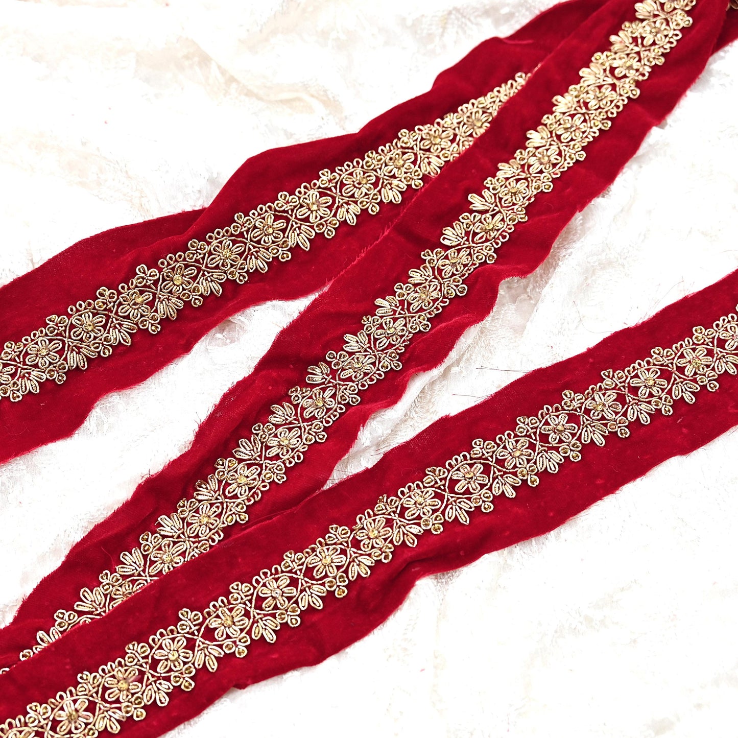 Indian Red Velvet Sari Border 1Yd Hand Embroidered Dabka Lace Trim Sewing Craft Ribbon Dress Decor