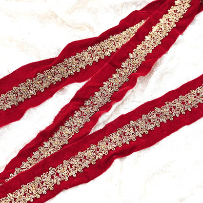 Indian Red Velvet Sari Border 1Yd Hand Embroidered Dabka Lace Trim Sewing Craft Ribbon Dress Decor