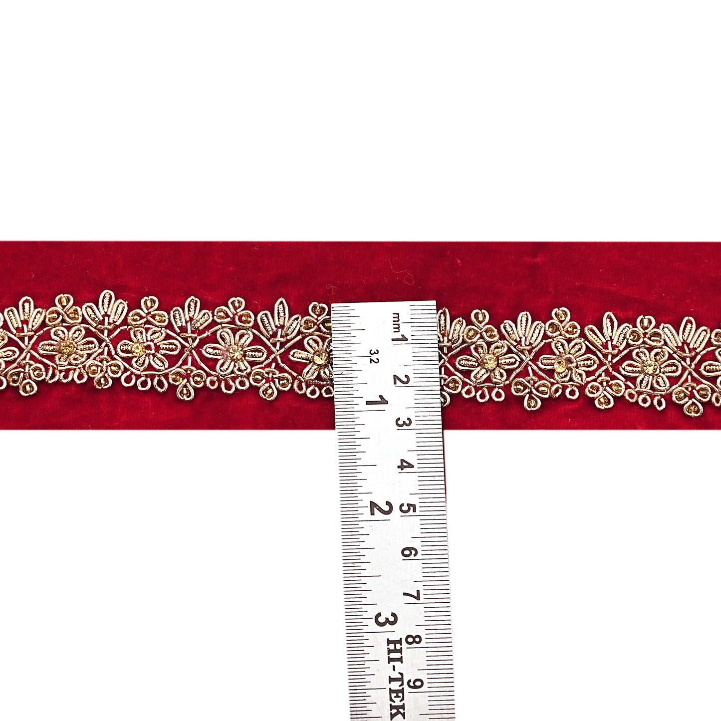 Indian Red Velvet Sari Border 1Yd Hand Embroidered Dabka Lace Trim Sewing Craft Ribbon Dress Decor