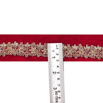 Indian Red Velvet Sari Border 1Yd Hand Embroidered Dabka Lace Trim Sewing Craft Ribbon Dress Decor
