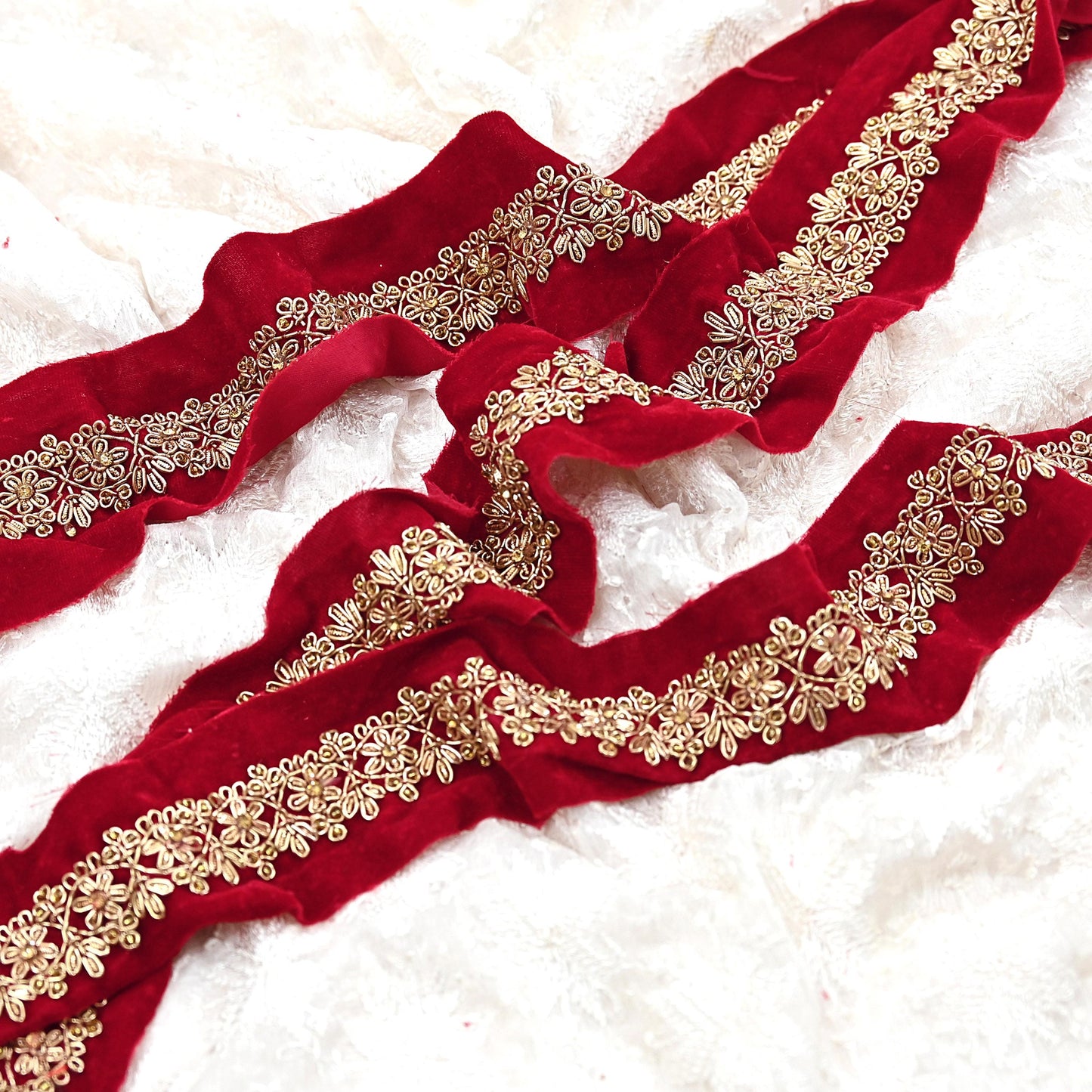 Indian Red Velvet Sari Border 1Yd Hand Embroidered Dabka Lace Trim Sewing Craft Ribbon Dress Decor