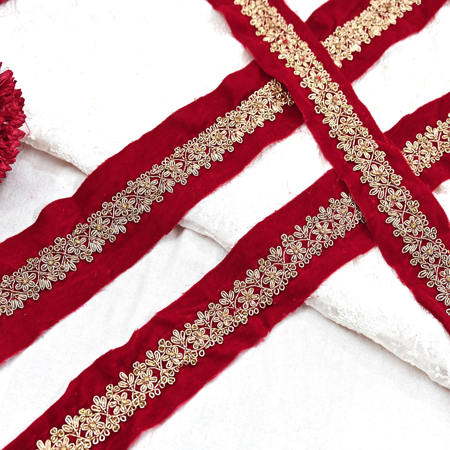 Indian Red Velvet Sari Border 1Yd Hand Embroidered Dabka Lace Trim Sewing Craft Ribbon Dress Decor