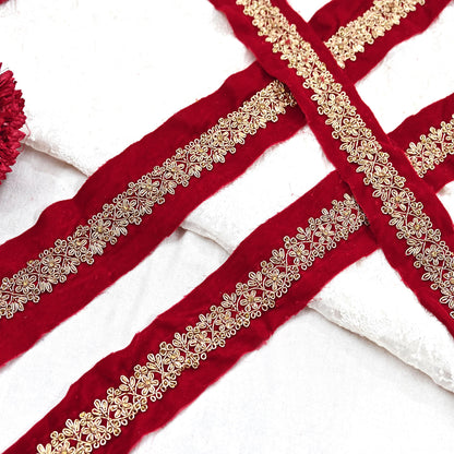 Indian Red Velvet Sari Border 1Yd Hand Embroidered Dabka Lace Trim Sewing Craft Ribbon Dress Decor