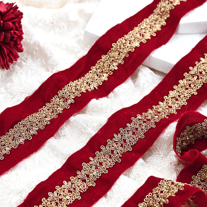 Indian Red Velvet Sari Border 1Yd Hand Embroidered Dabka Lace Trim Sewing Craft Ribbon Dress Decor