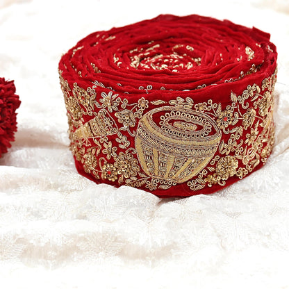 Indian Red Velvet Sari Border 1Yd Hand Embroidered Dabka Lace Trim Sewing Craft Ribbon Dress Decor
