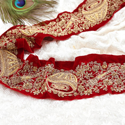 Indian Red Velvet Sari Border 1Yd Hand Embroidered Dabka Lace Trim Sewing Craft Ribbon Dress Decor