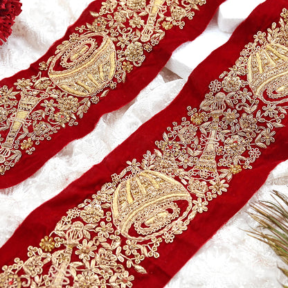 Indian Red Velvet Sari Border 1Yd Hand Embroidered Dabka Lace Trim Sewing Craft Ribbon Dress Decor