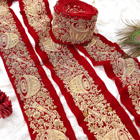 Indian Red Velvet Sari Border 1Yd Hand Embroidered Dabka Lace Trim Sewing Craft Ribbon Dress Decor