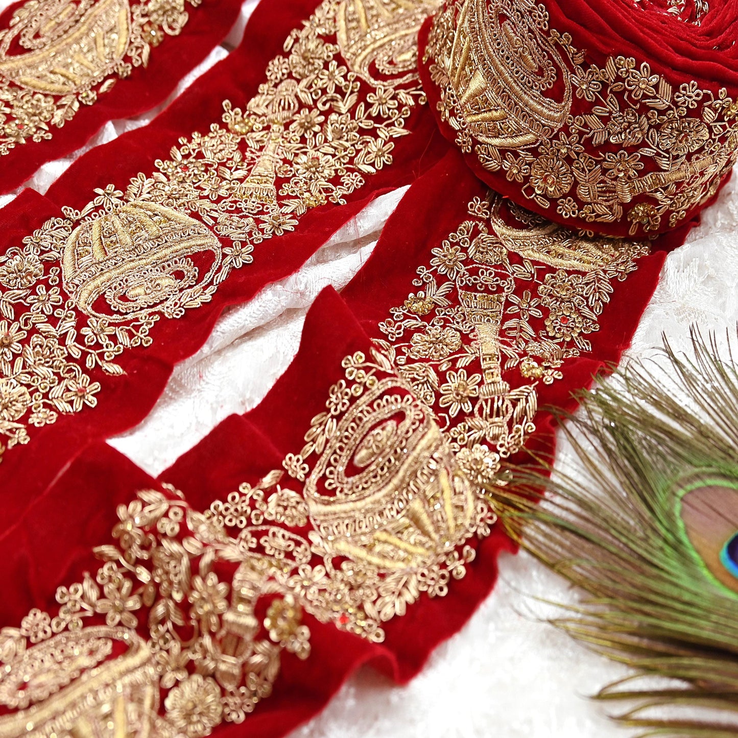Indian Red Velvet Sari Border 1Yd Hand Embroidered Dabka Lace Trim Sewing Craft Ribbon Dress Decor