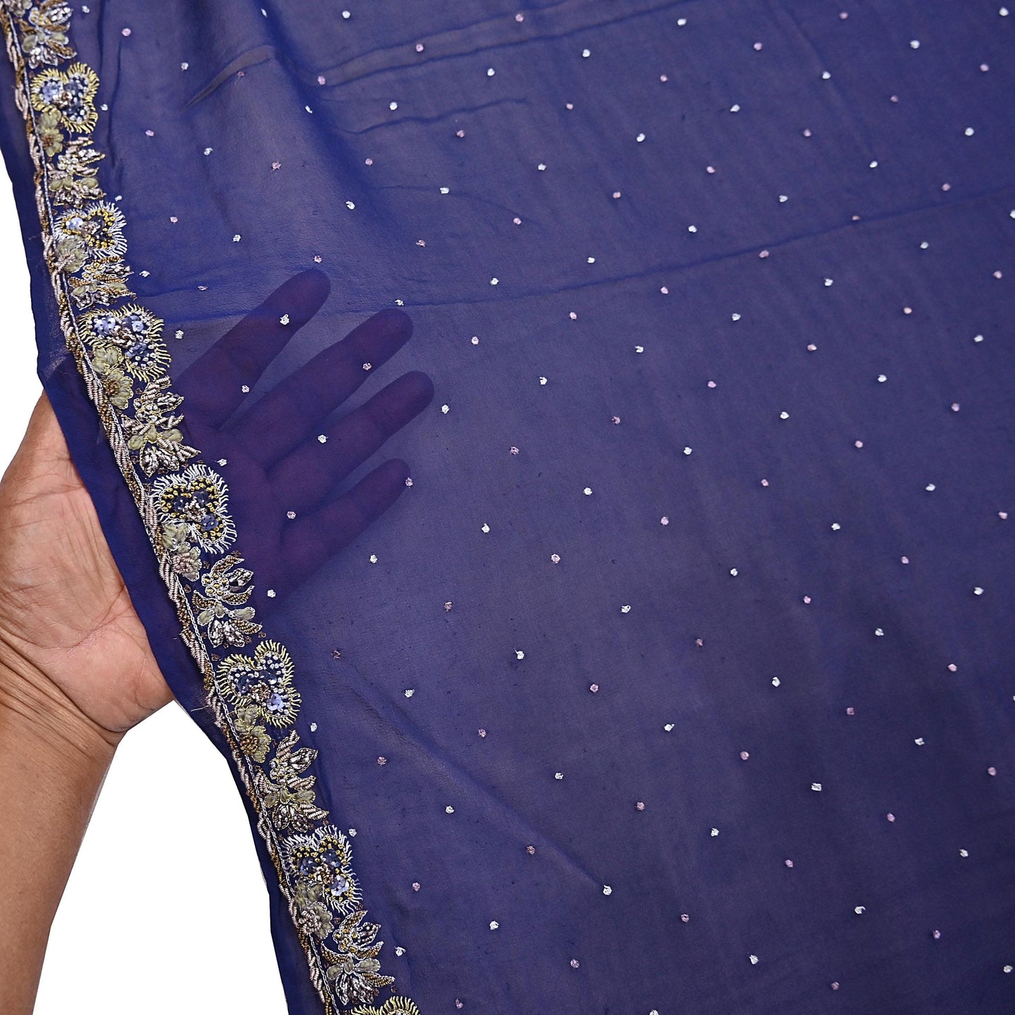 Indian Vintage Blue Dupatta Pure Georgette silk Long Stole Hand Embroidered Scarves Stole Veil Wrap Sequins