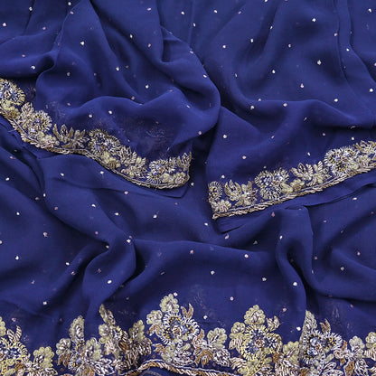Indian Vintage Blue Dupatta Pure Georgette silk Long Stole Hand Embroidered Scarves Stole Veil Wrap Sequins