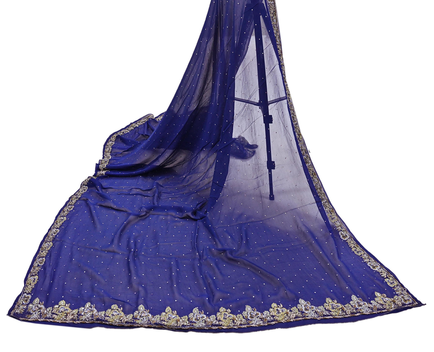 Indian Vintage Blue Dupatta Pure Georgette silk Long Stole Hand Embroidered Scarves Stole Veil Wrap Sequins
