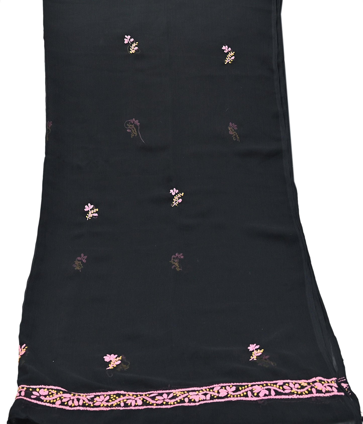 Indian Vintage Dupatta Black Georgette Long Stole Hand Embroidered Chikankari Stole Floral Scarf Scarves