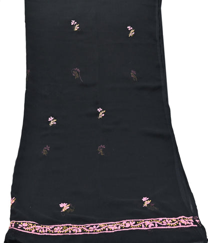 Indian Vintage Dupatta Black Georgette Long Stole Hand Embroidered Chikankari Stole Floral Scarf Scarves