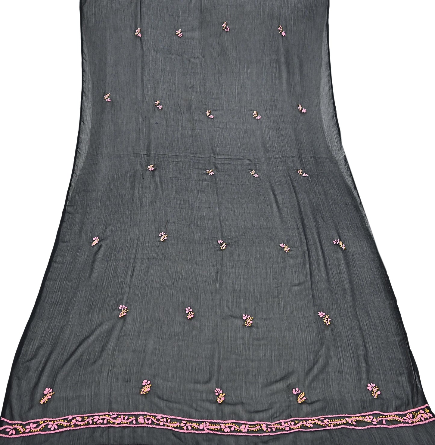 Indian Vintage Dupatta Black Georgette Long Stole Hand Embroidered Chikankari Stole Floral Scarf Scarves