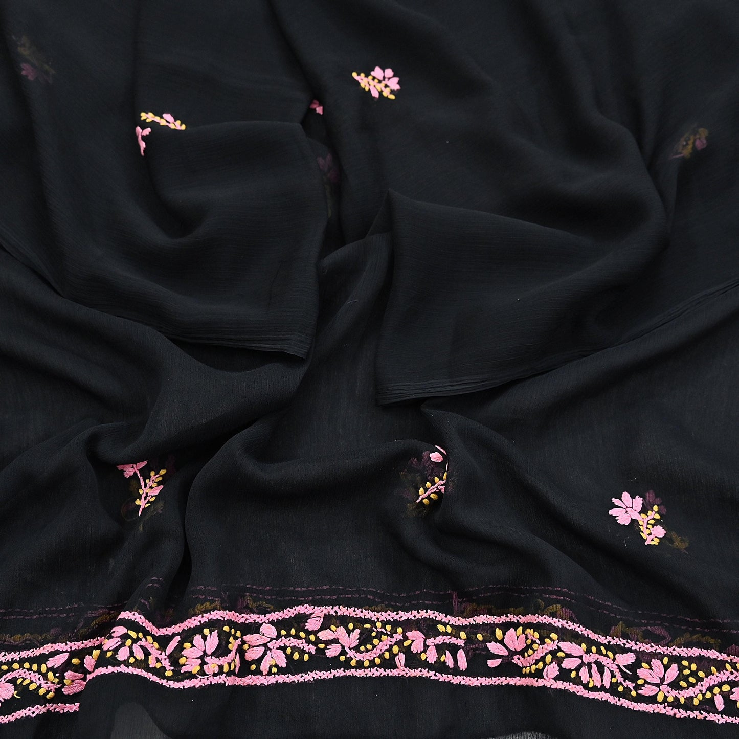 Indian Vintage Dupatta Black Georgette Long Stole Hand Embroidered Chikankari Stole Floral Scarf Scarves
