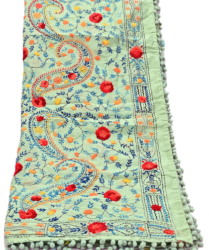 Indian Vintage Dupatta Green Long Stole Chanderi Hand Embroidered Bagh Phulkari Stole Scarves Party wear Veil Hijab Wrap Scarf