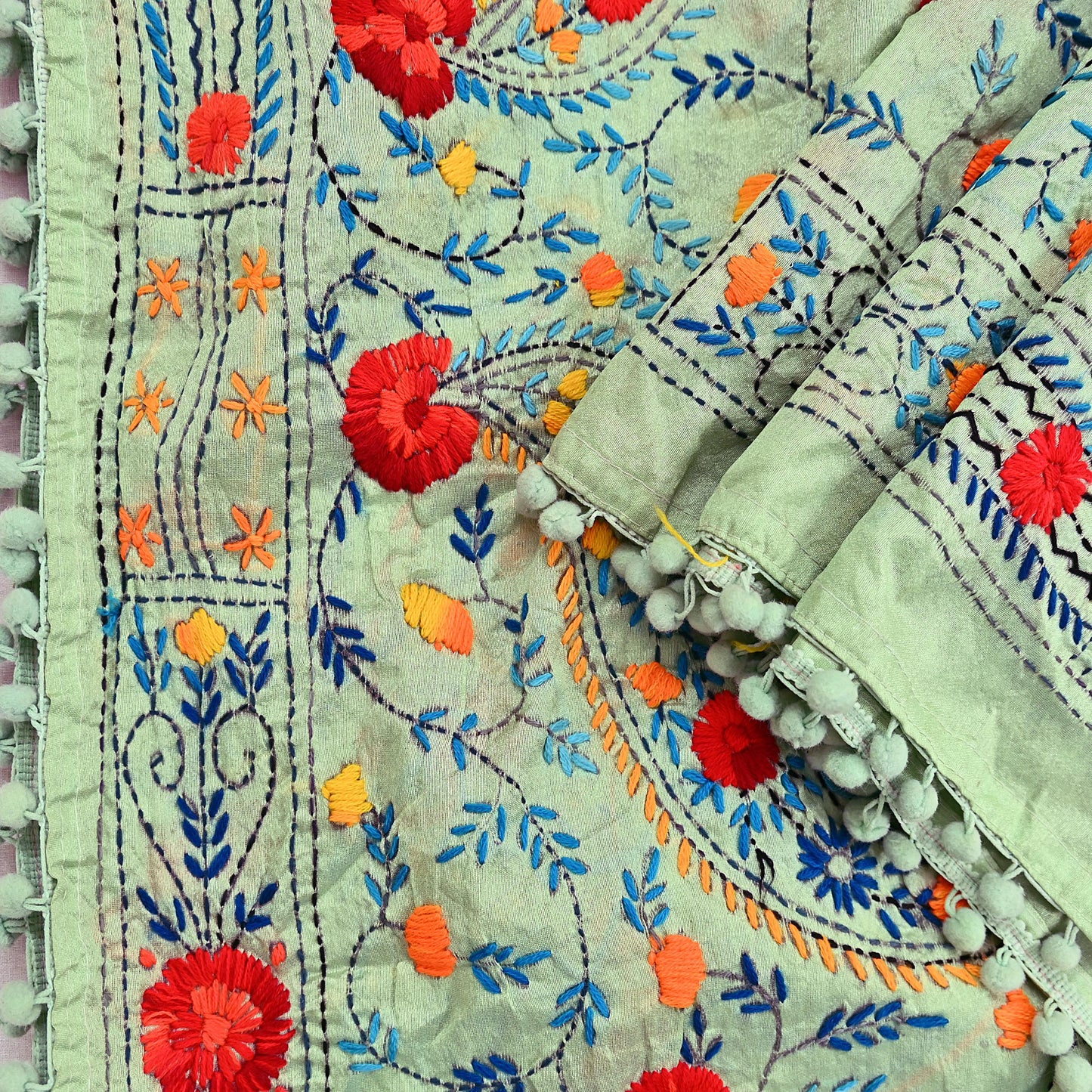 Indian Vintage Dupatta Green Long Stole Chanderi Hand Embroidered Bagh Phulkari Stole Scarves Party wear Veil Hijab Wrap Scarf