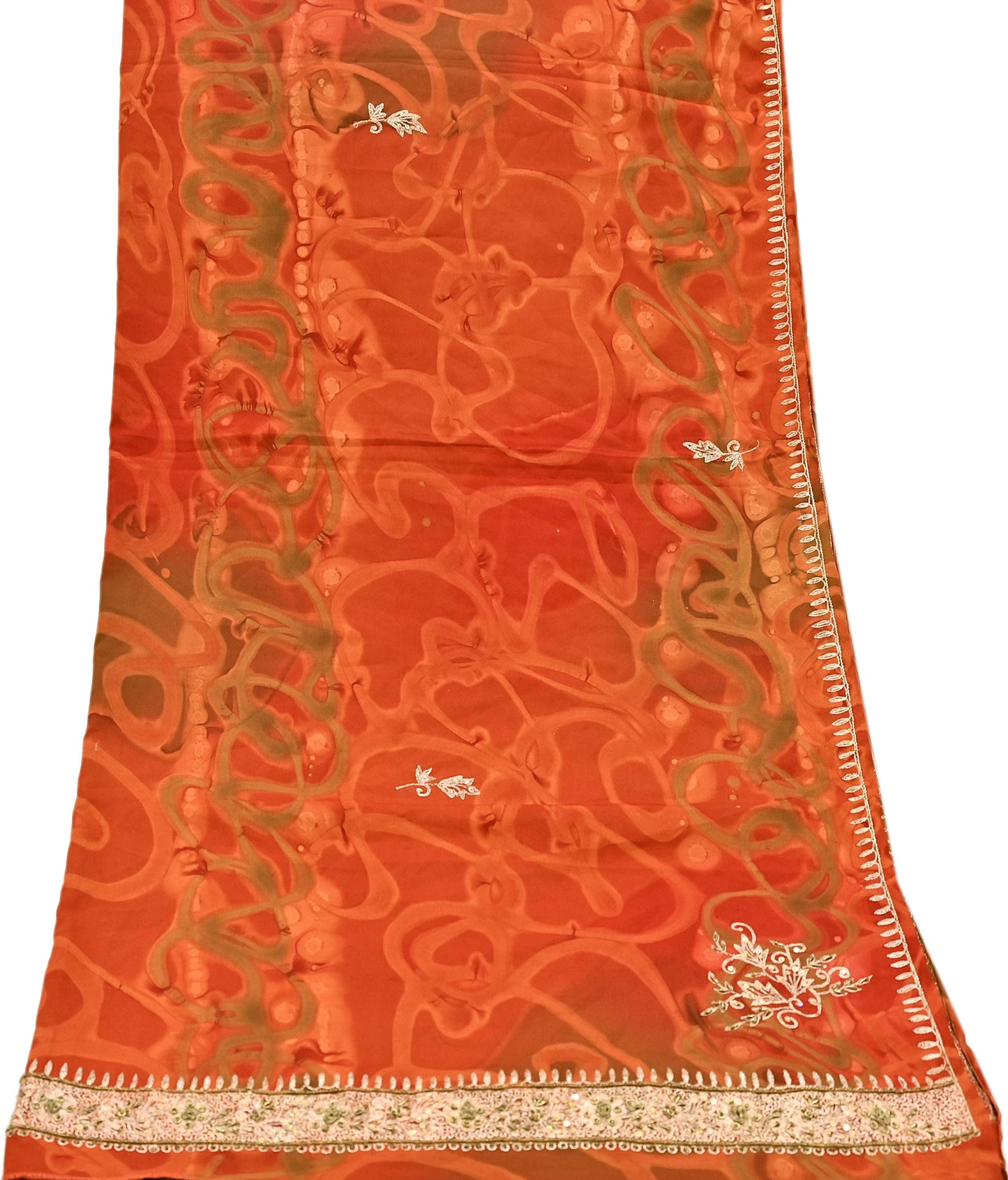 Indian Vintage Dupatta Orange Artificial Silk Long Stole Embroidered Scarves Floral Design Stole Veil Wrap Zardozi/ Dabka, Zari