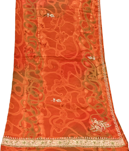 Indian Vintage Dupatta Orange Artificial Silk Long Stole Embroidered Scarves Floral Design Stole Veil Wrap Zardozi/ Dabka, Zari