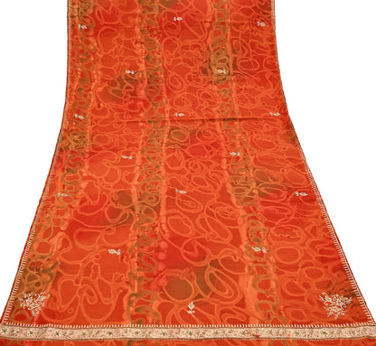 Indian Vintage Dupatta Orange Artificial Silk Long Stole Embroidered Scarves Floral Design Stole Veil Wrap Zardozi/ Dabka, Zari