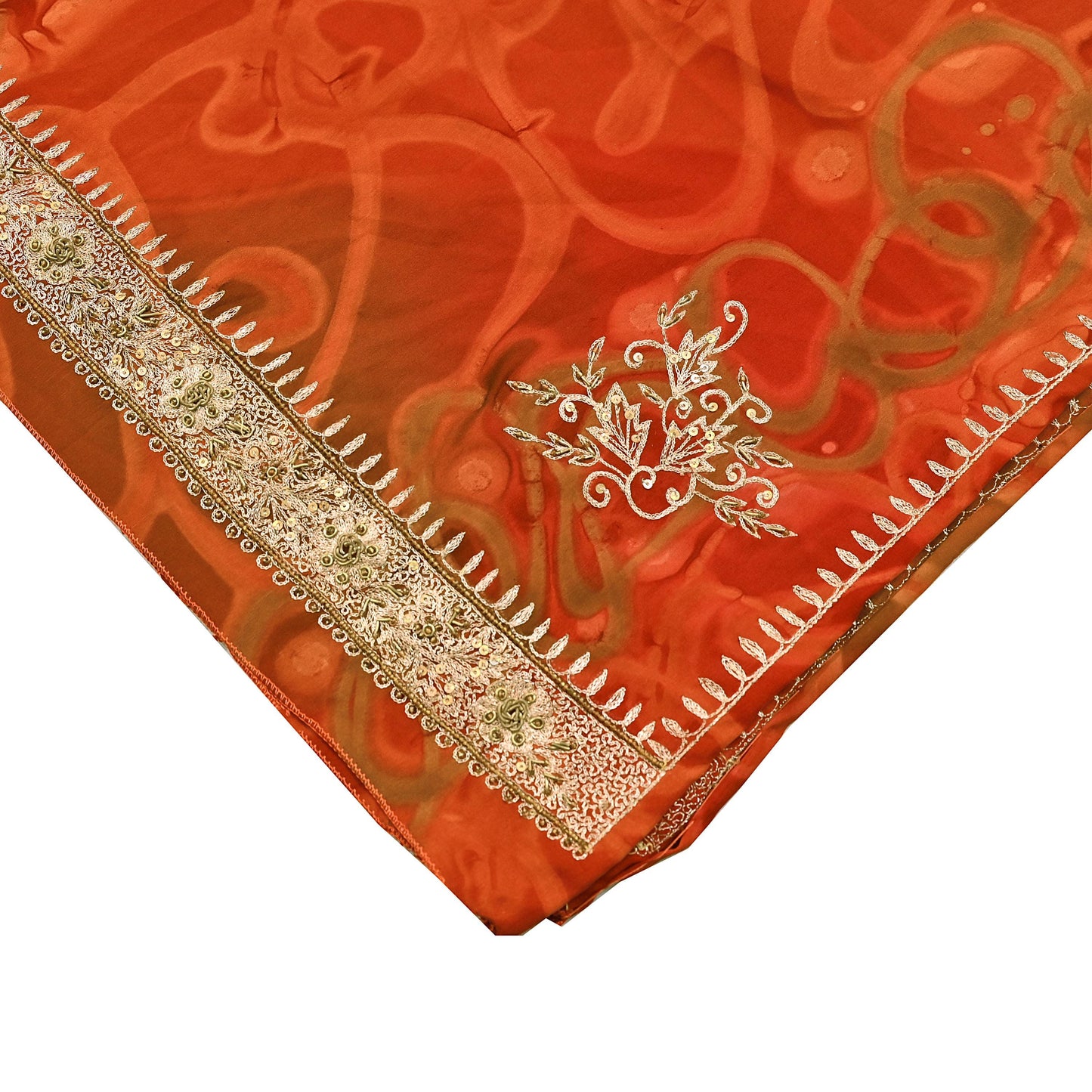 Indian Vintage Dupatta Orange Artificial Silk Long Stole Embroidered Scarves Floral Design Stole Veil Wrap Zardozi/ Dabka, Zari