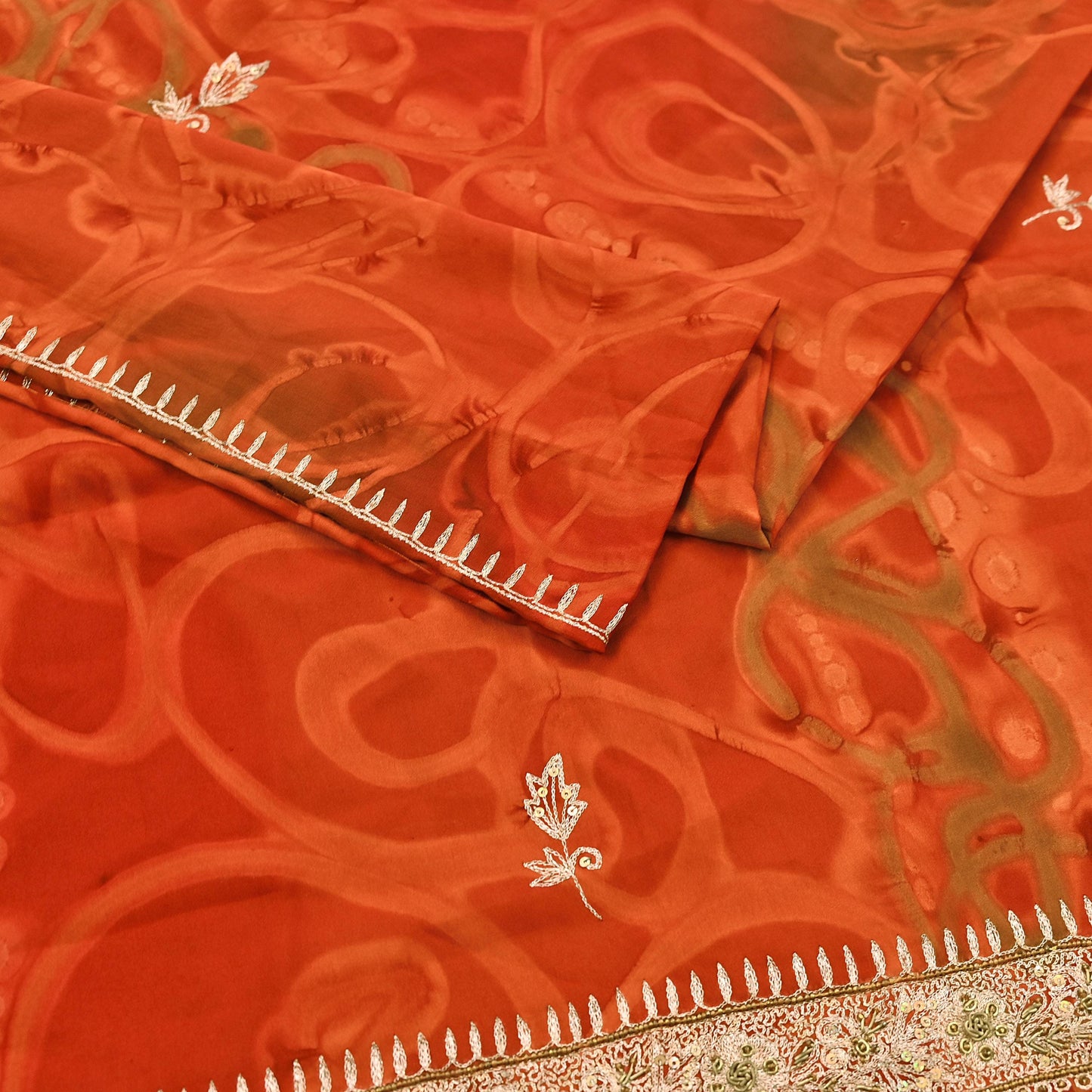 Indian Vintage Dupatta Orange Artificial Silk Long Stole Embroidered Scarves Floral Design Stole Veil Wrap Zardozi/ Dabka, Zari