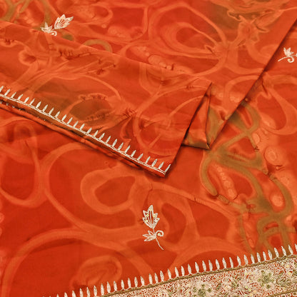 Indian Vintage Dupatta Orange Artificial Silk Long Stole Embroidered Scarves Floral Design Stole Veil Wrap Zardozi/ Dabka, Zari