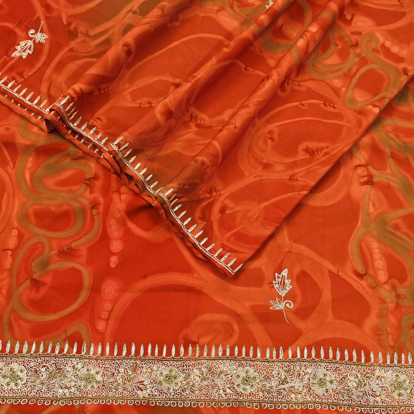 Indian Vintage Dupatta Orange Artificial Silk Long Stole Embroidered Scarves Floral Design Stole Veil Wrap Zardozi/ Dabka, Zari