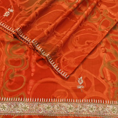 Indian Vintage Dupatta Orange Artificial Silk Long Stole Embroidered Scarves Floral Design Stole Veil Wrap Zardozi/ Dabka, Zari