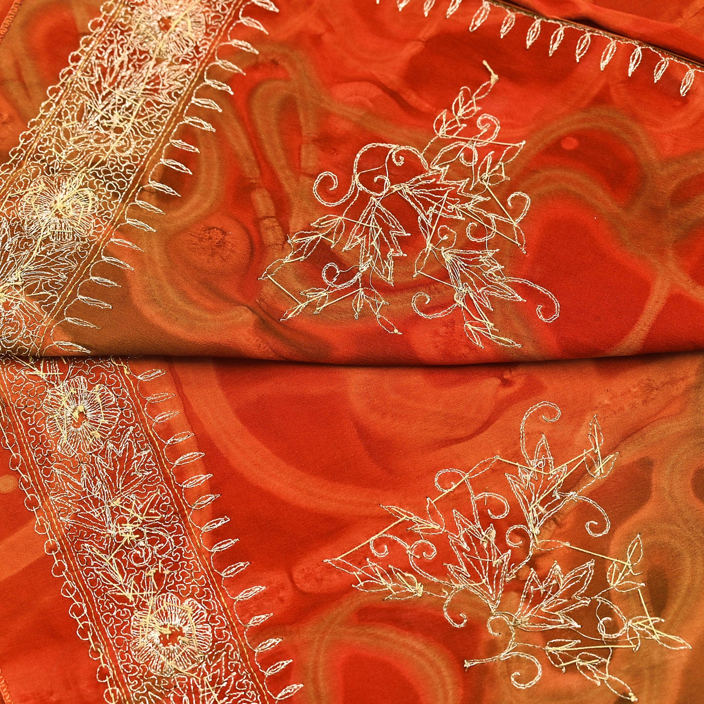 Indian Vintage Dupatta Orange Artificial Silk Long Stole Embroidered Scarves Floral Design Stole Veil Wrap Zardozi/ Dabka, Zari