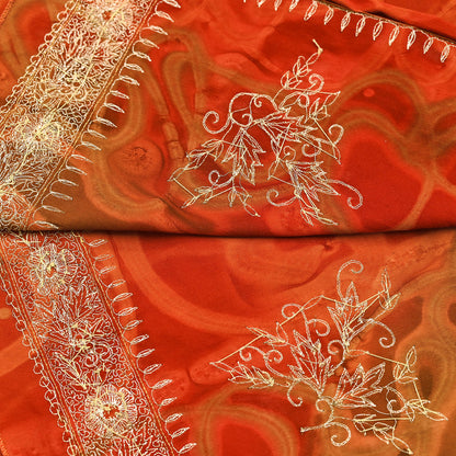 Indian Vintage Dupatta Orange Artificial Silk Long Stole Embroidered Scarves Floral Design Stole Veil Wrap Zardozi/ Dabka, Zari